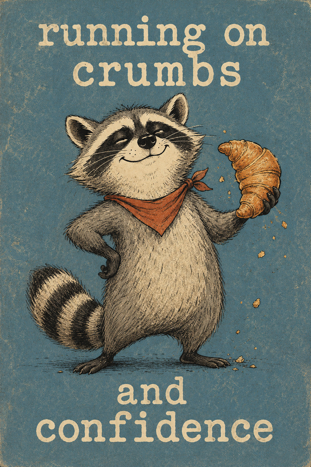 Running on crumbs and confidence raccoon funny wall art poster — vintage raccoon in a bandana holding a croissant with crumbs flying