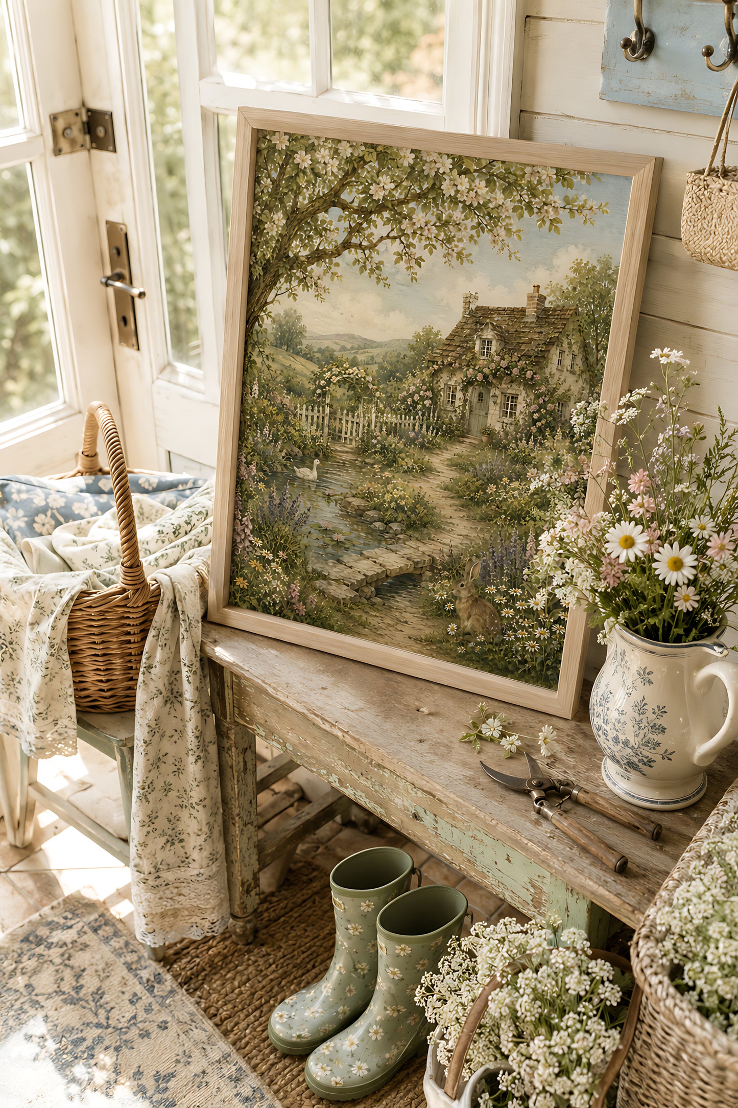 Cottagecore Wall Art, Vintage English Cottage Garden with Pond, Watercolor Countryside Wall Art