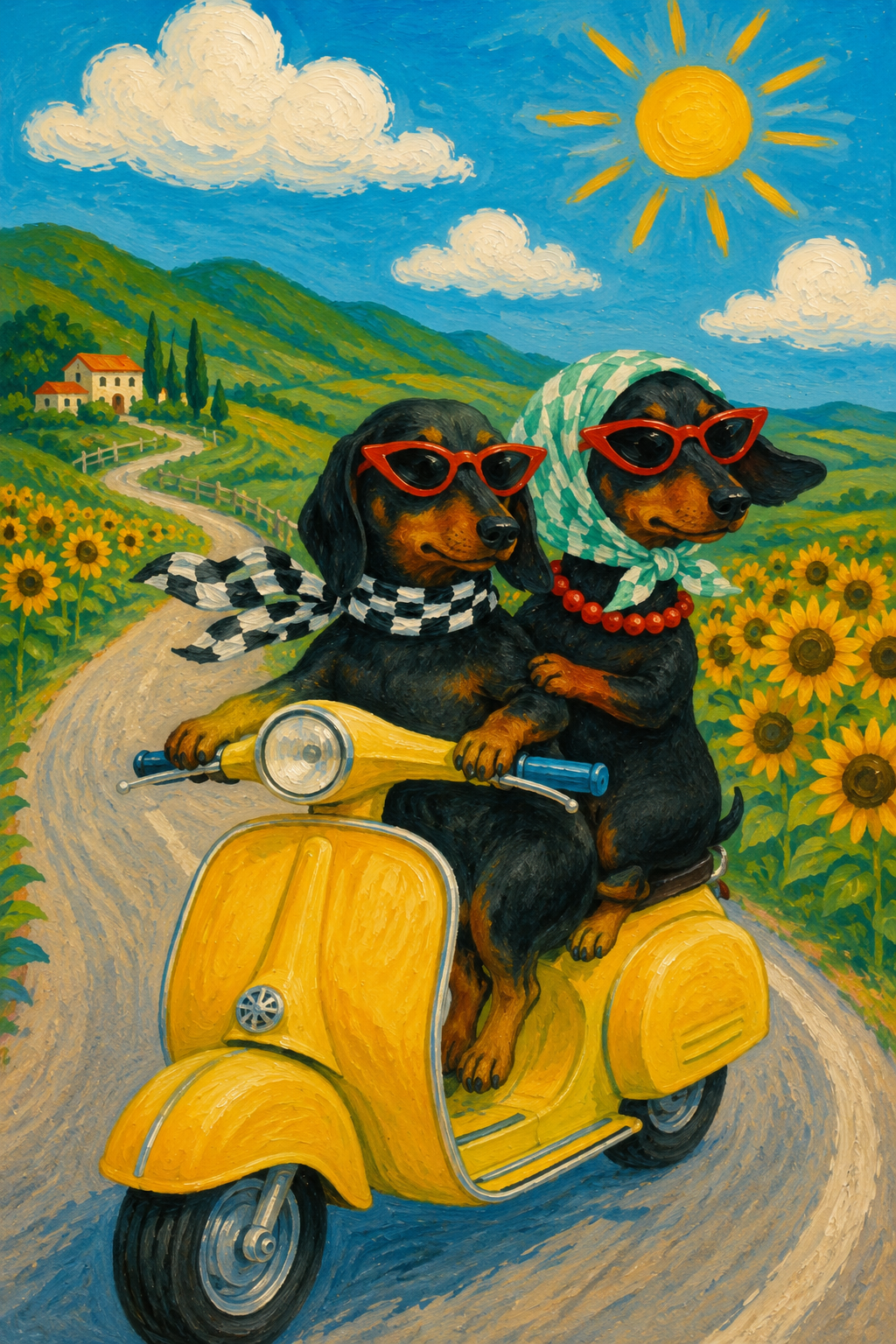 Dachshunds on a Yellow Scooter — Retro Animal Travel Poster