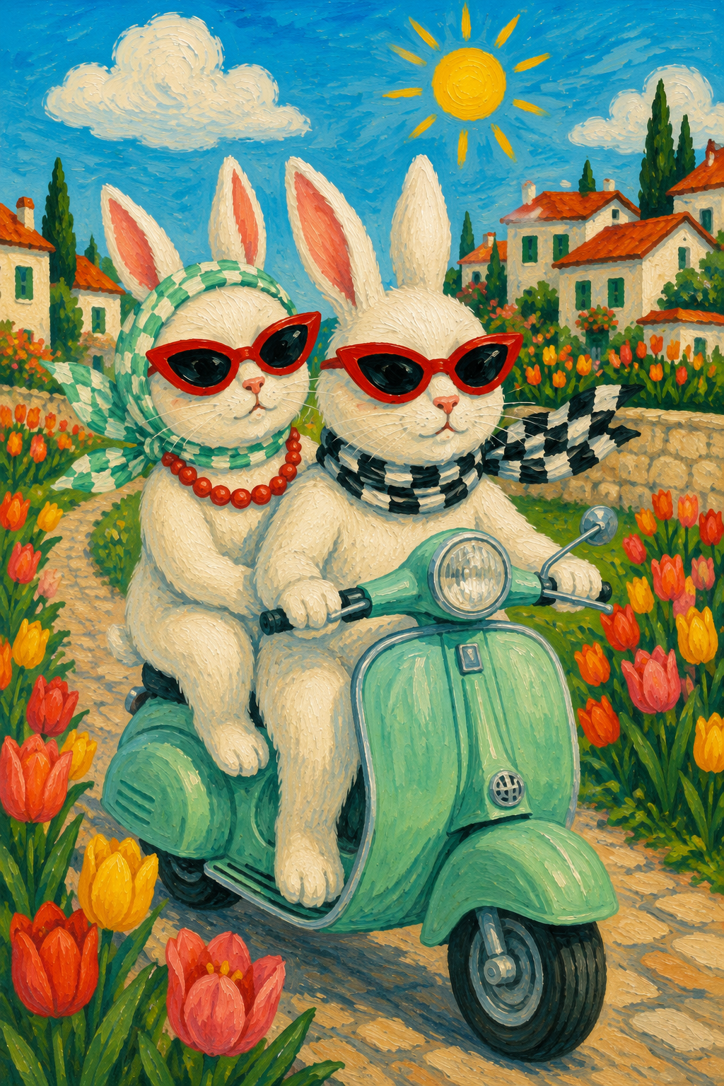 White Rabbits on a Mint Scooter — Italian Village Animal Poster