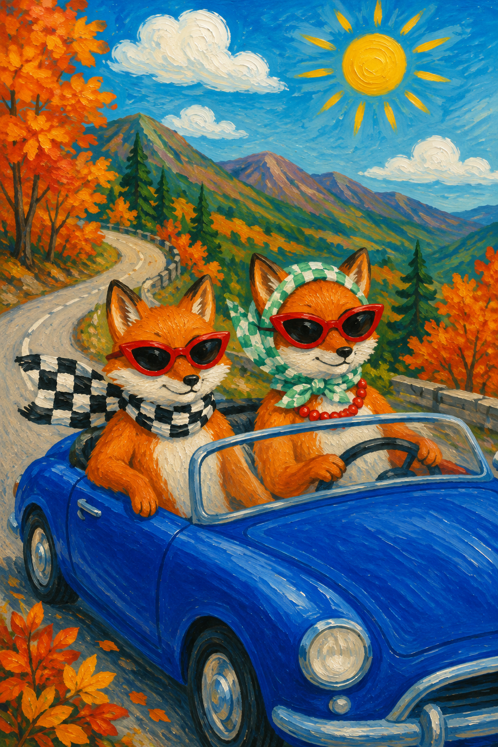 Fox and Cat Road Trip — Autumn Mountain Animal Poster