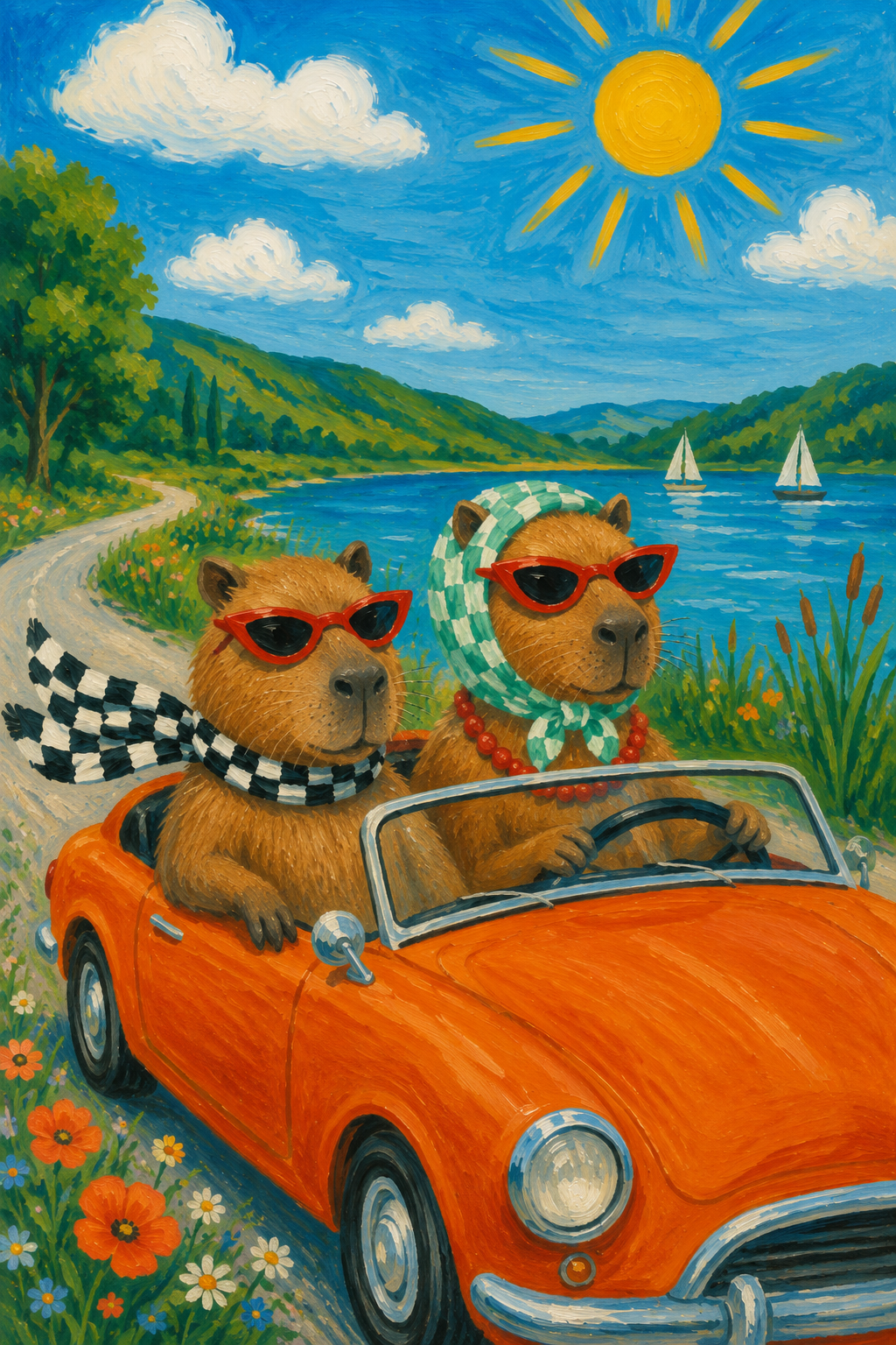 Guinea Pigs in an Orange Convertible — Lakeside Animal Poster