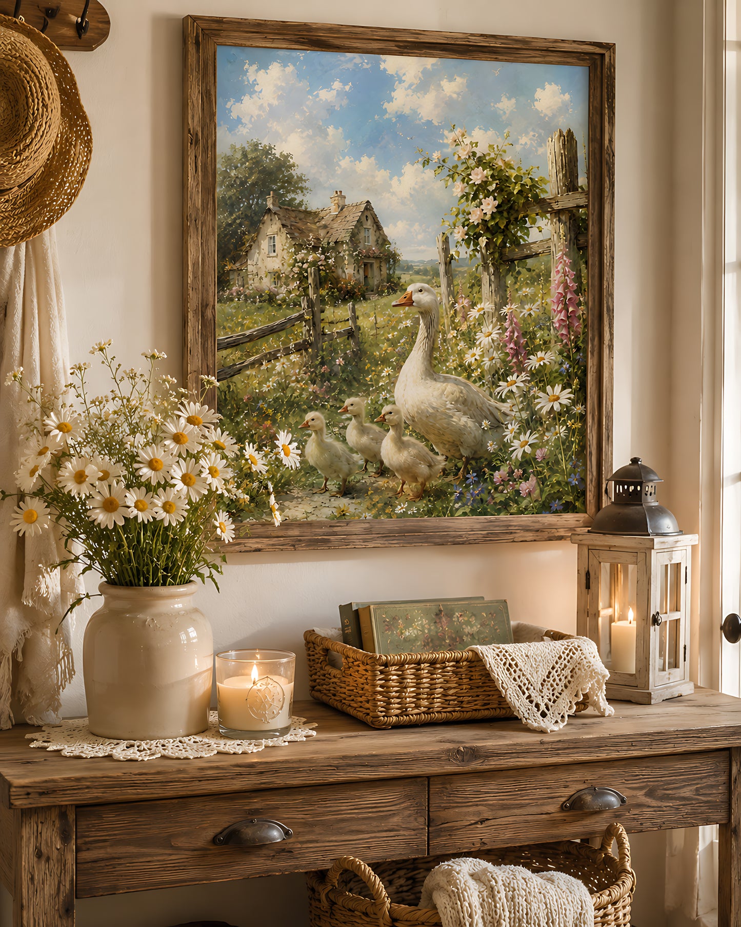 Cottagecore Wall Art, Vintage Mother Goose and Goslings in Cottage Garden, Watercolor Farmhouse Wall Art