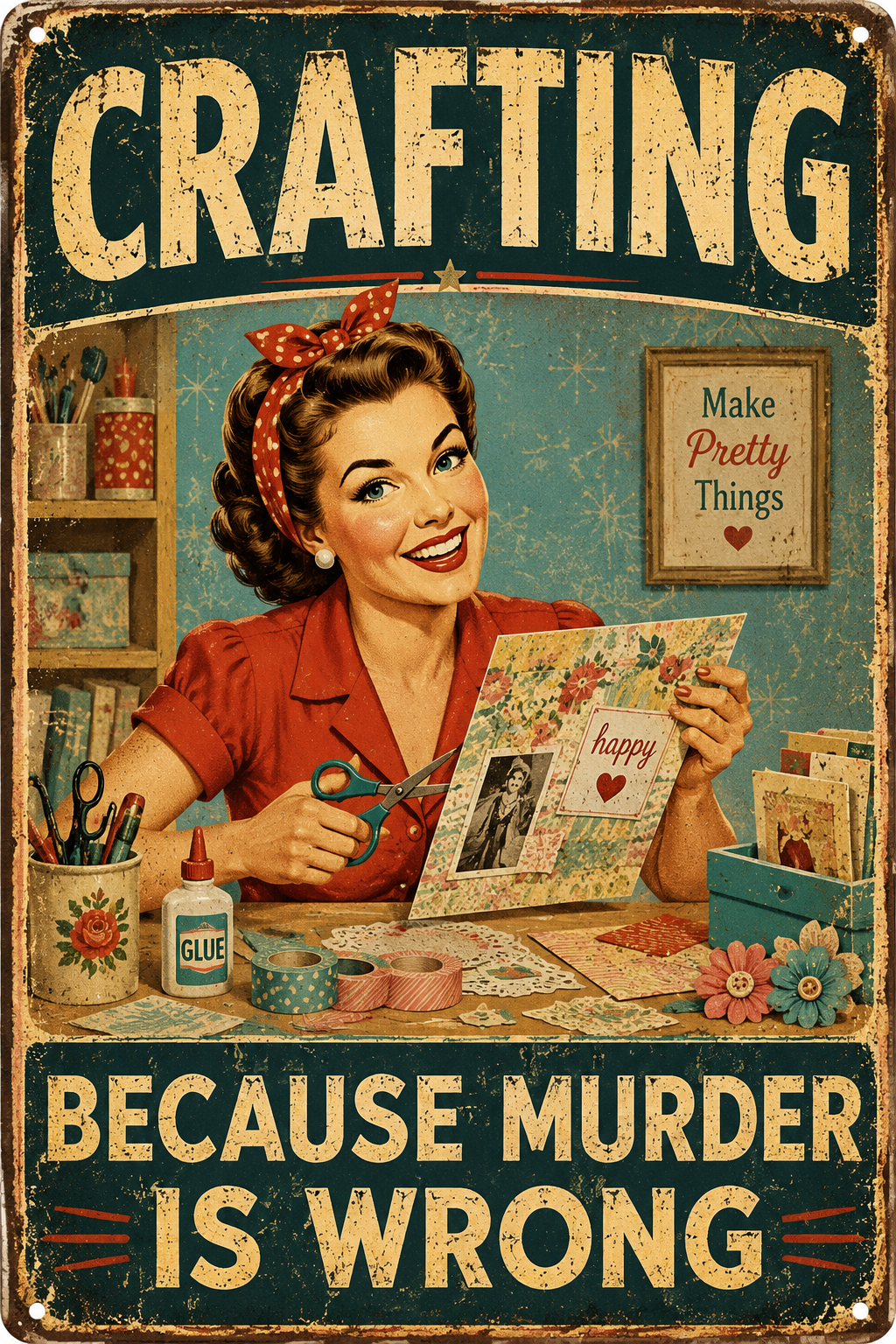 Crafting Because Murder Is Wrong — Funny Retro Craft Room Poster