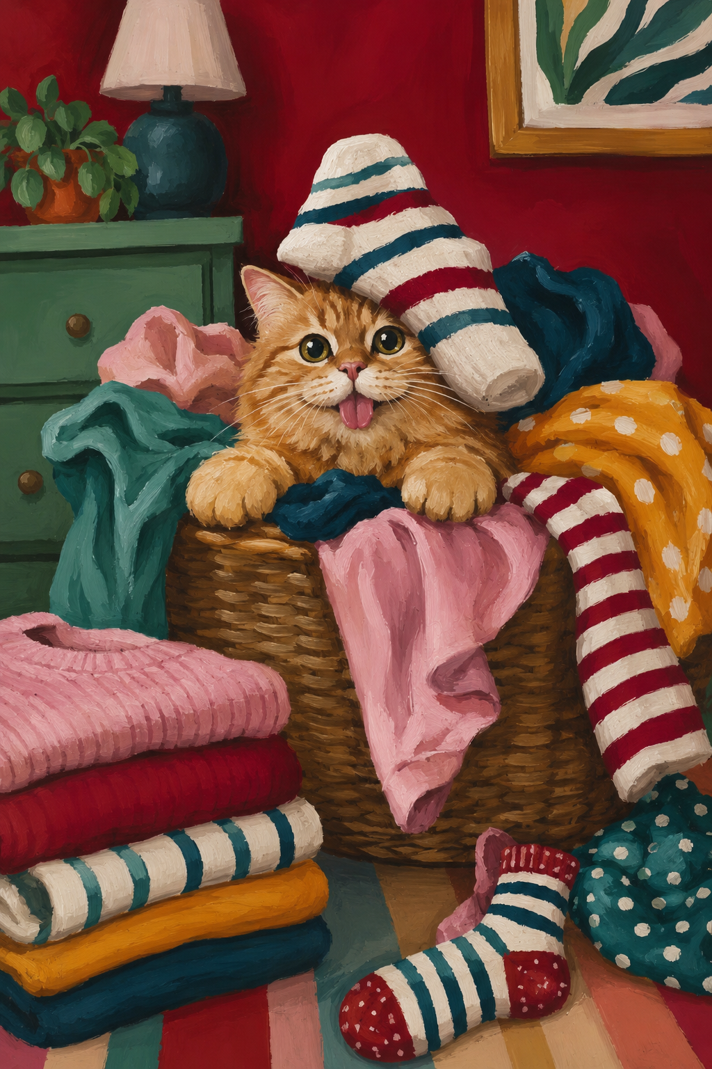 Orange kitten in laundry basket poster