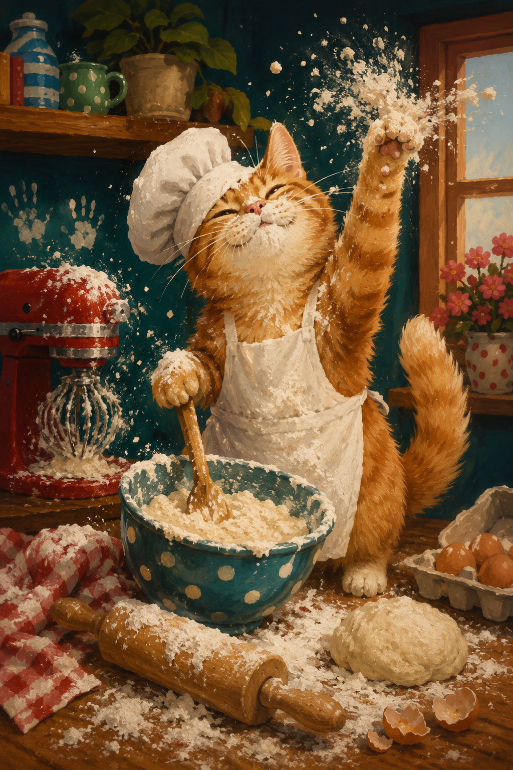 Orange cat baking flour explosion kitchen poster