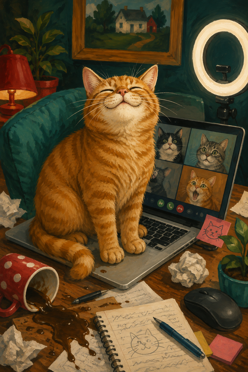 Orange cat working on laptop office poster