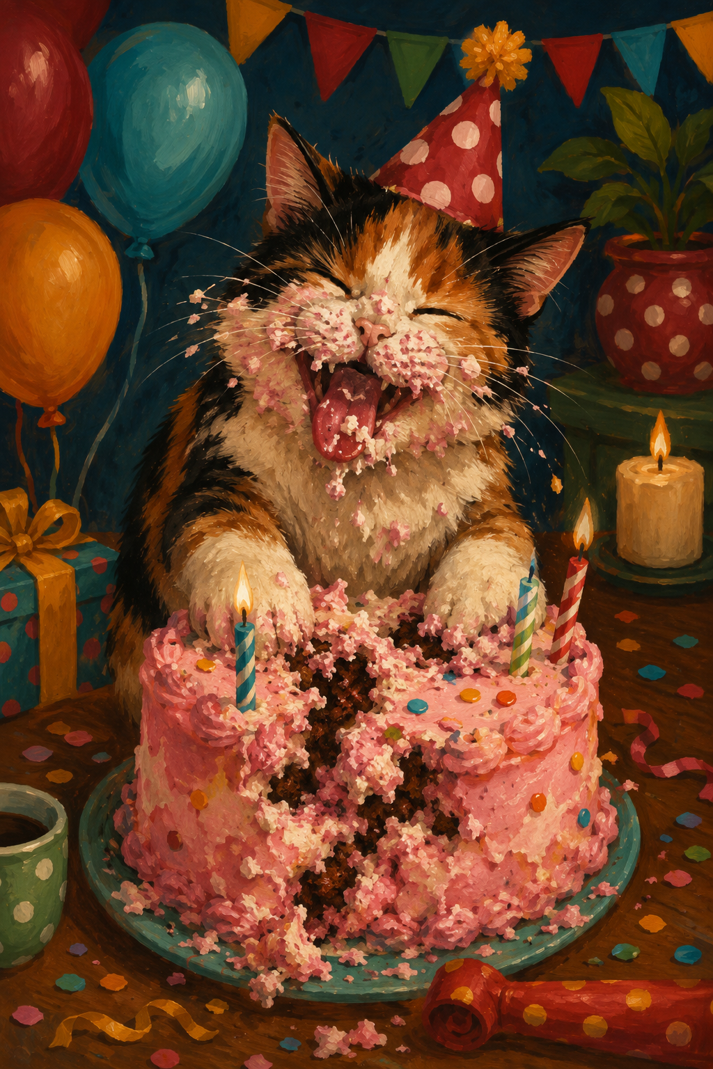 Calico cat smashing birthday cake poster