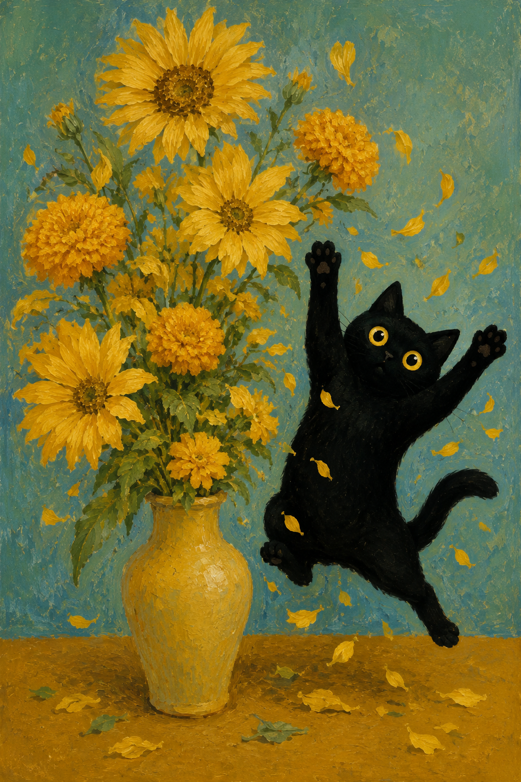 Dancing black cat beside yellow wildflowers whimsical vintage wall art poster