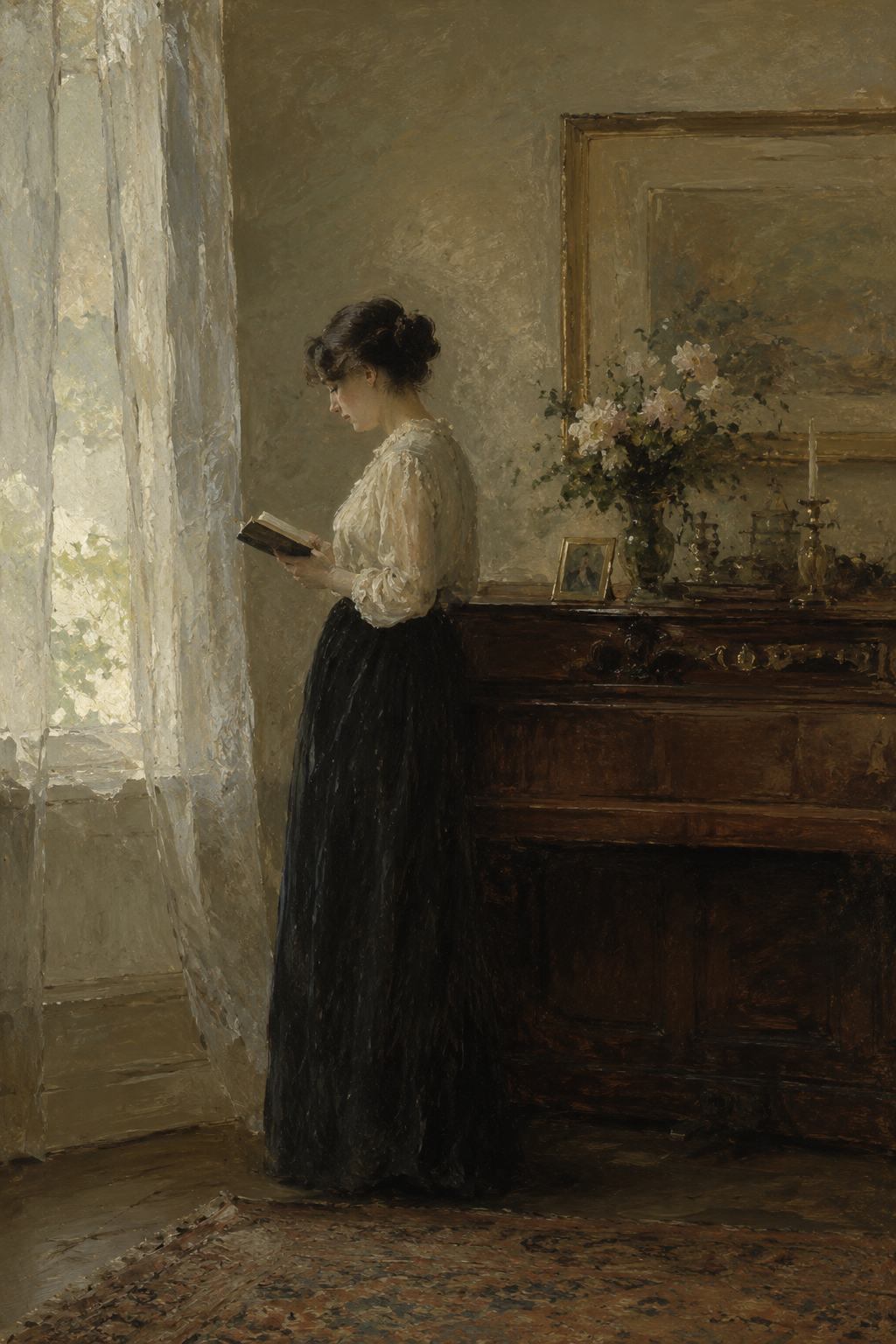 Quiet woman reading by a sunlit window, vintage wall art