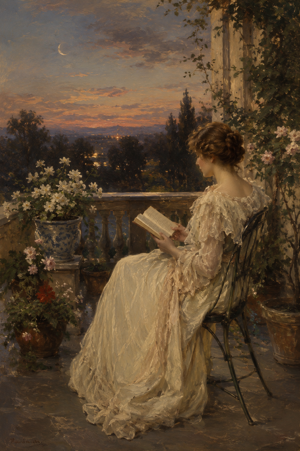 Woman reading on a terrace at twilight, romantic vintage wall art