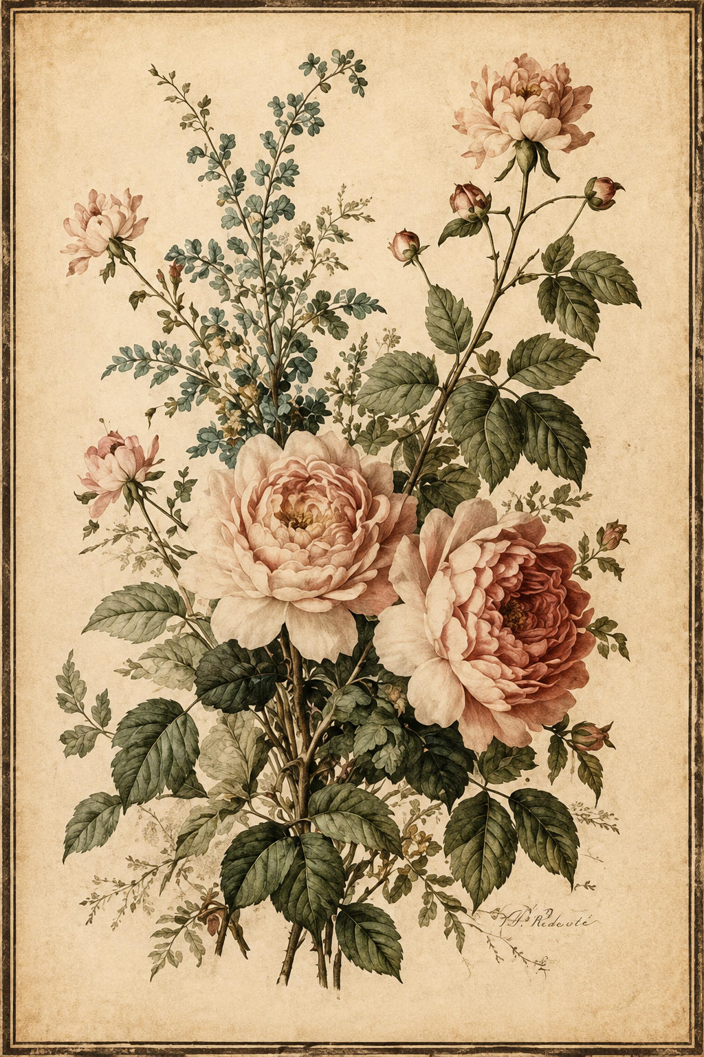 Vintage botanical floral poster featuring blush roses and green foliage