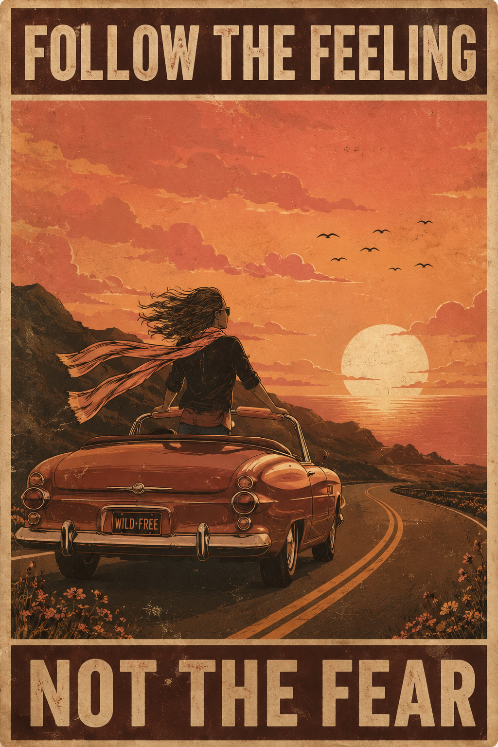 Follow the Feeling, Not the Fear — Retro Road Trip Poster
