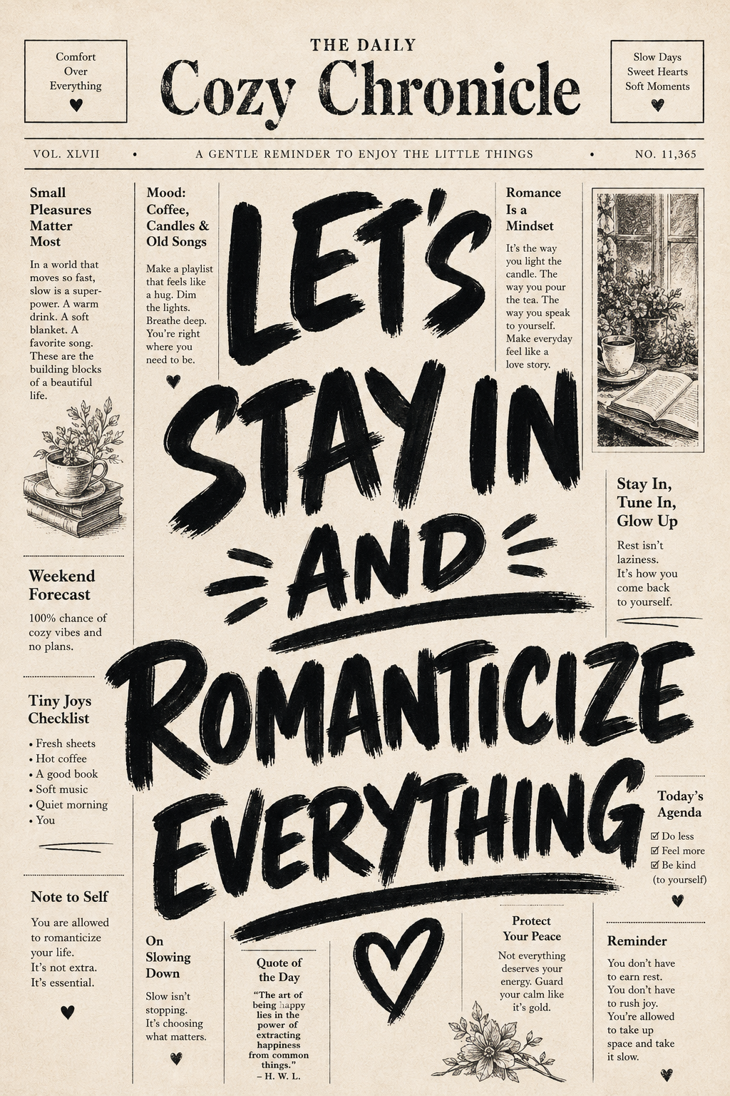Let's Stay In and Romanticize Everything vintage newspaper wall art poster — bold black brush lettering on aged cream newsprint