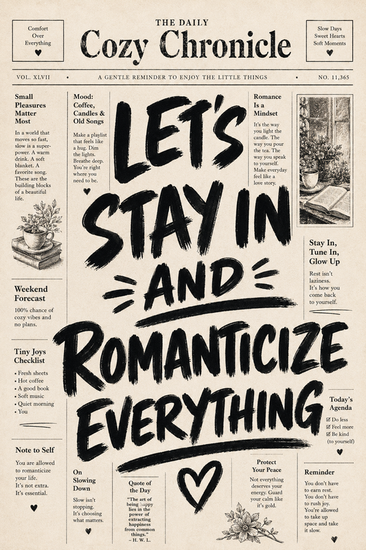 Let's Stay In and Romanticize Everything vintage newspaper wall art poster — bold black brush lettering on aged cream newsprint