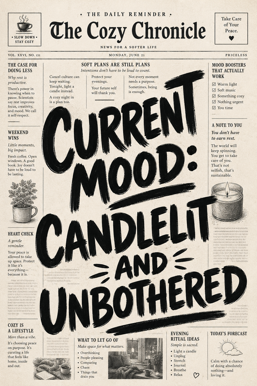 Current Mood Candlelit and Unbothered vintage newspaper wall art poster — bold black brush lettering with a lit candle illustration