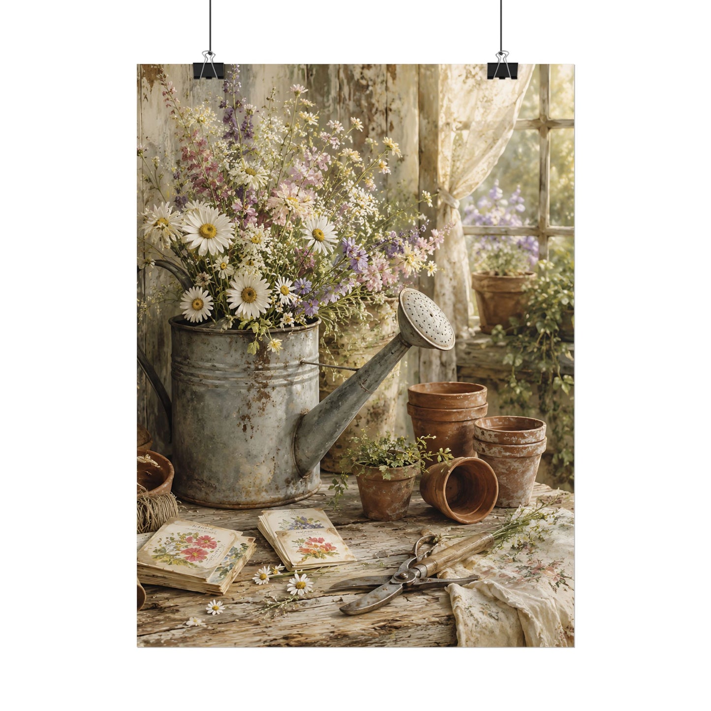 Cottagecore Wall Art, Vintage Watering Can with Wildflowers Still Life, Watercolor Farmhouse Wall Art