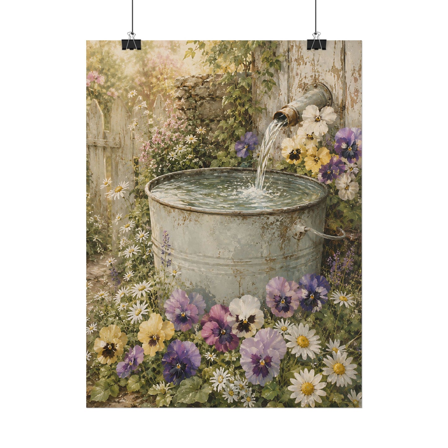 Cottagecore Wall Art, Vintage Water Barrel with Pansies, Watercolor Garden Print