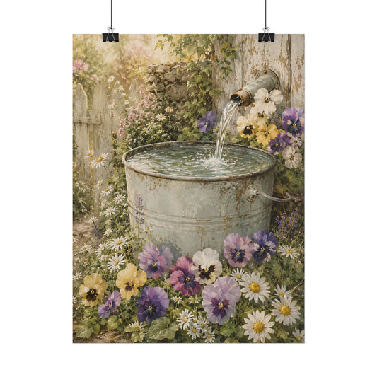 Cottagecore Wall Art, Vintage Water Barrel with Pansies, Watercolor Garden Print
