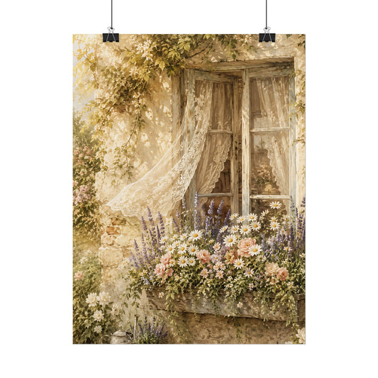 Cottagecore Wall Art, Vintage Cottage Window with Lace Curtains, Watercolor Print