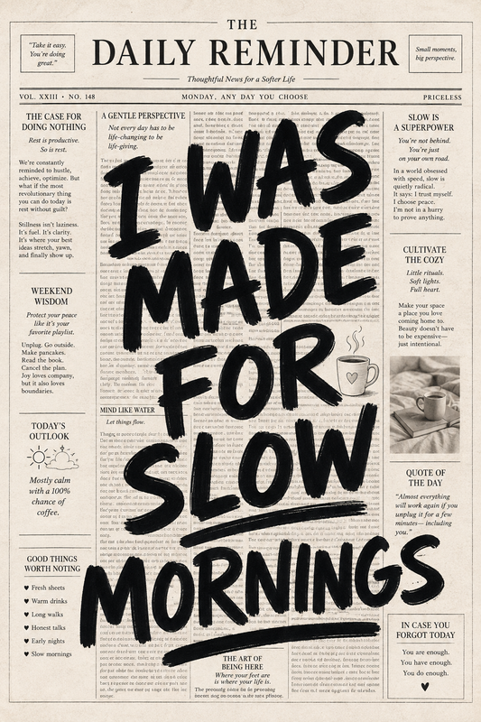 I Was Made for Slow Mornings vintage newspaper wall art poster — bold black brush lettering with a coffee cup illustration
