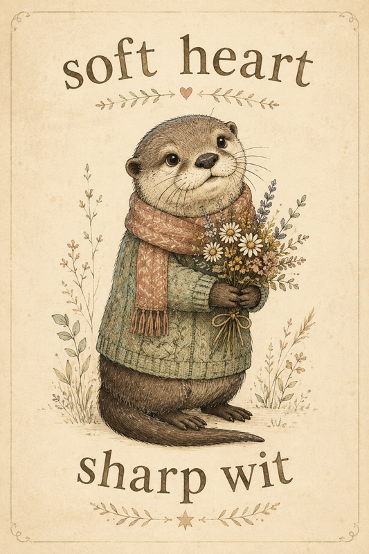 Soft heart sharp wit otter cottagecore wall art poster — vintage otter in a knit sweater and scarf holding a bouquet of wildflowers