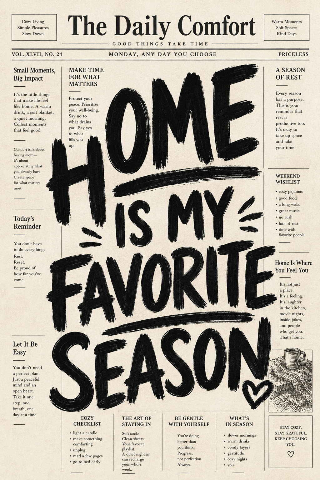 Home Is My Favorite Season vintage newspaper wall art poster — bold black brush lettering on aged cream newsprint