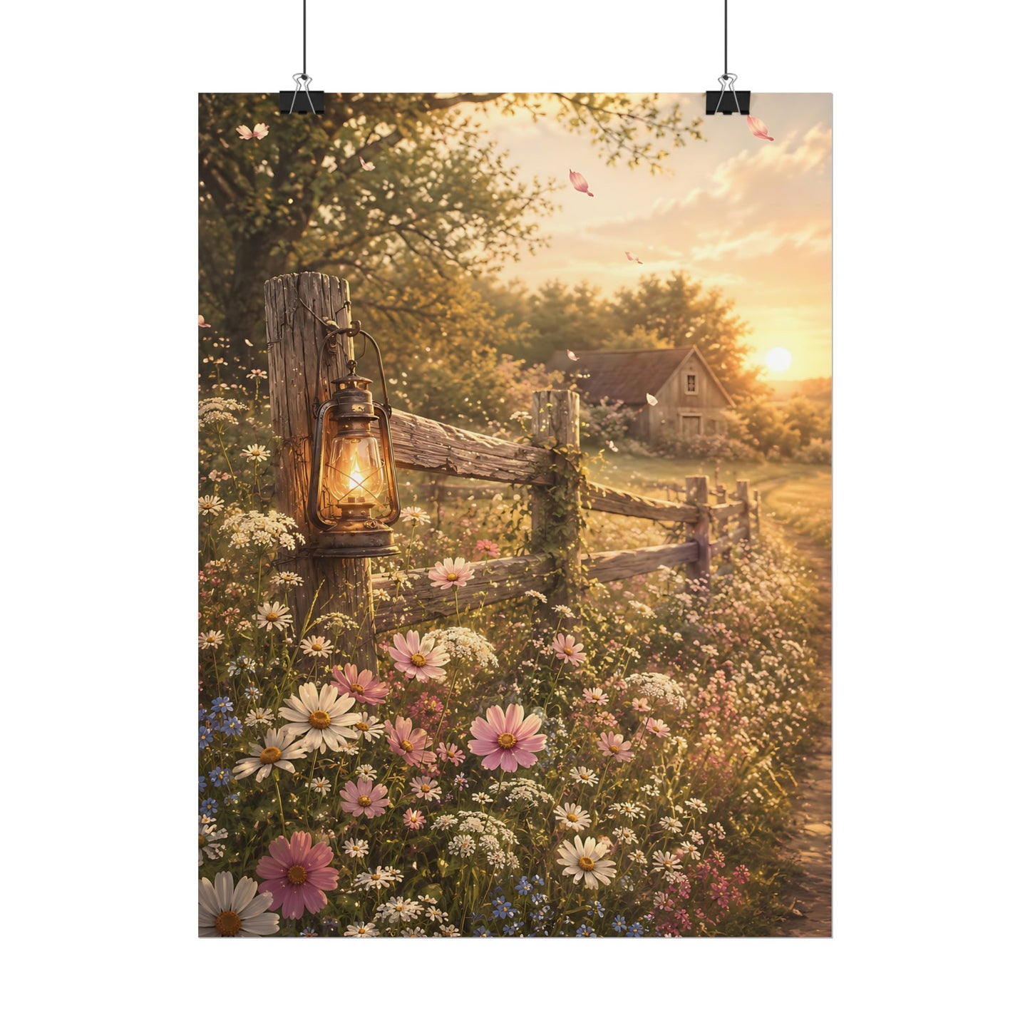 Cottagecore Wall Art, Vintage Lantern on Wildflower Fence at Sunset, Watercolor Farmhouse Wall Art
