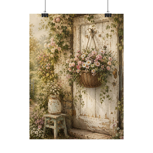 Cottagecore Wall Art, Vintage Flower Basket on Rustic Door, Watercolor Cottage Print