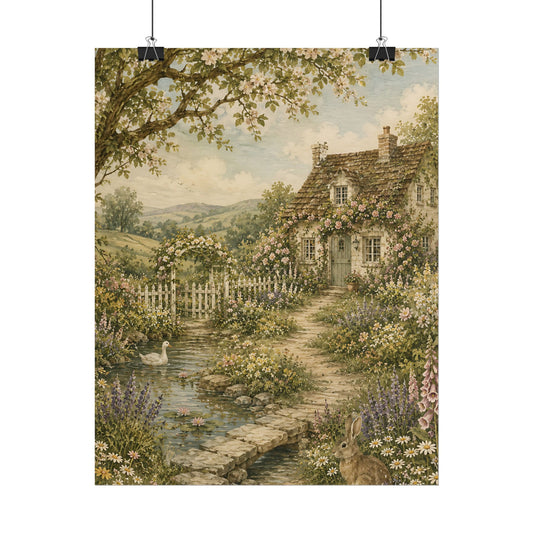 Cottagecore Wall Art, Vintage English Cottage Garden with Pond, Watercolor Countryside Wall Art