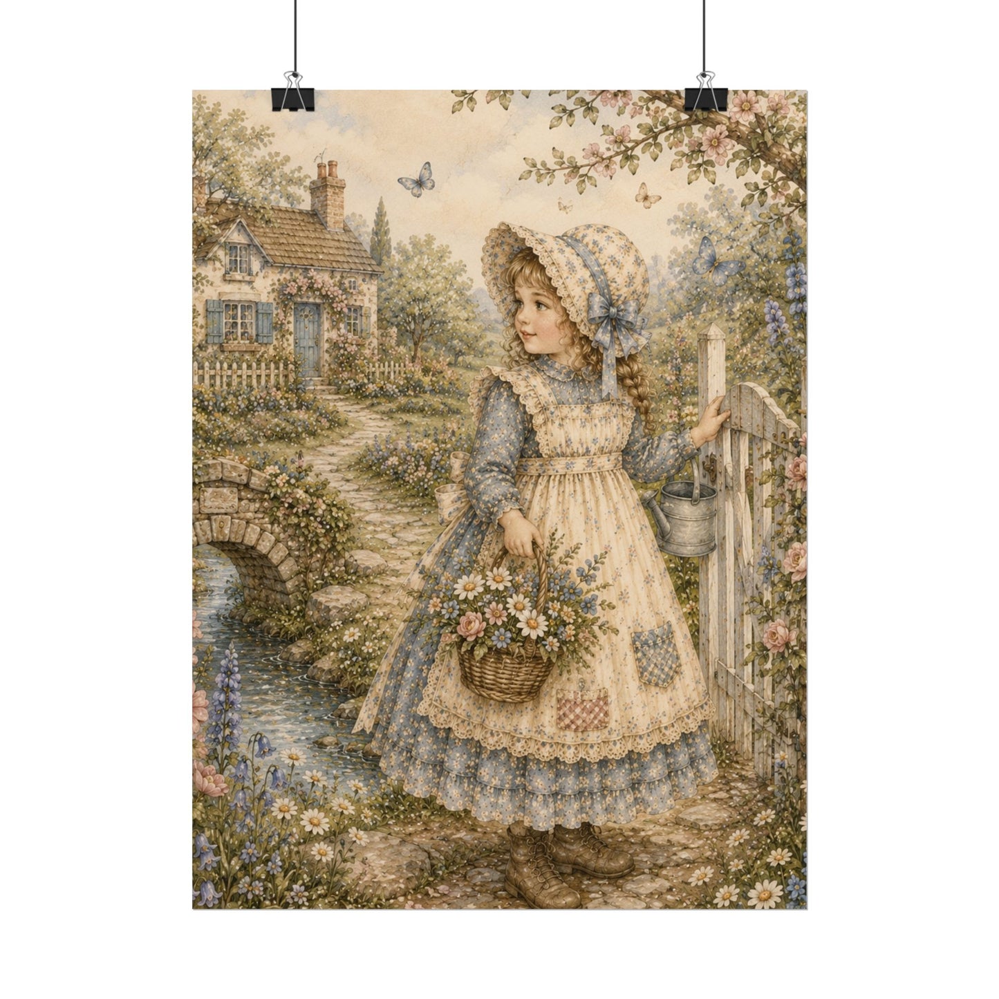 Cottagecore Wall Art, Vintage Storybook Girl in Cottage Garden, Watercolor Nursery Wall Art