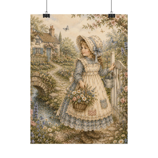 Cottagecore Wall Art, Vintage Storybook Girl in Cottage Garden, Watercolor Nursery Wall Art