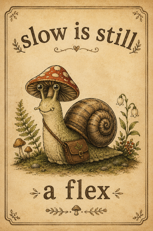 Slow is still a flex snail cottagecore wall art poster — vintage snail wearing a red mushroom cap with a satchel among ferns and mushrooms