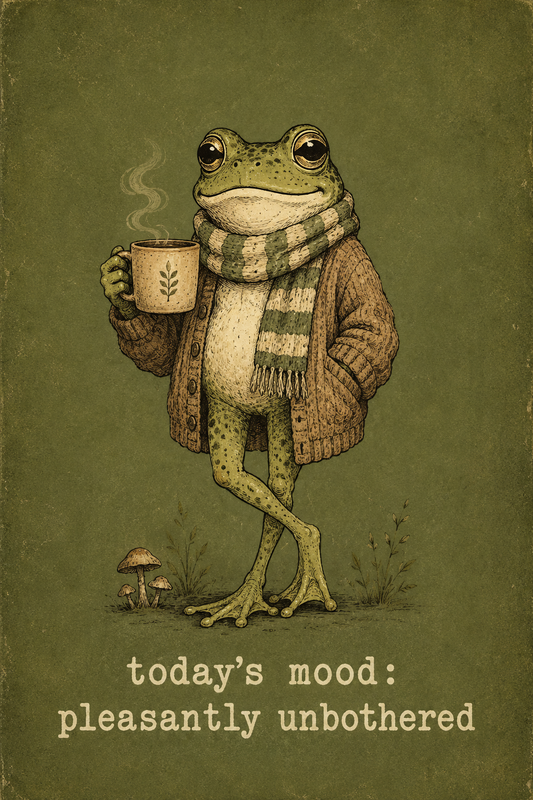 Pleasantly unbothered cozy frog wall art poster — vintage frog in a cardigan and scarf holding a steaming mug of tea