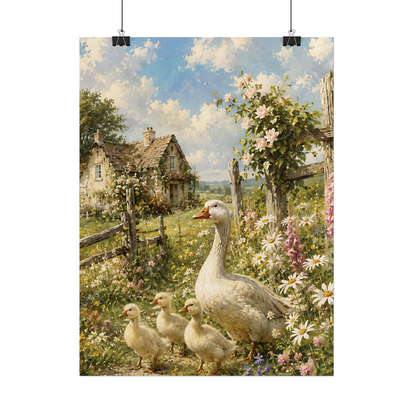 Cottagecore Wall Art, Vintage Mother Goose and Goslings in Cottage Garden, Watercolor Farmhouse Wall Art