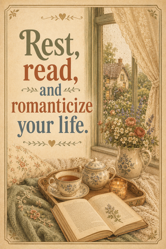Rest Read and Romanticize Your Life cottagecore poster — rainy-day tea tray, candle, and open book by a window