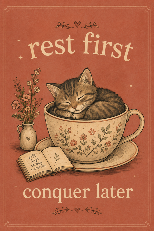 Rest first conquer later kitten cottagecore wall art poster — sleeping kitten curled in a floral teacup beside a book reading soft days strong tomorrow