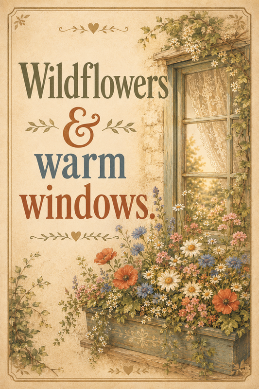 Wildflowers and Warm Windows cottagecore wall art poster — poppies, daisies and cornflowers in a window box beneath lace curtains