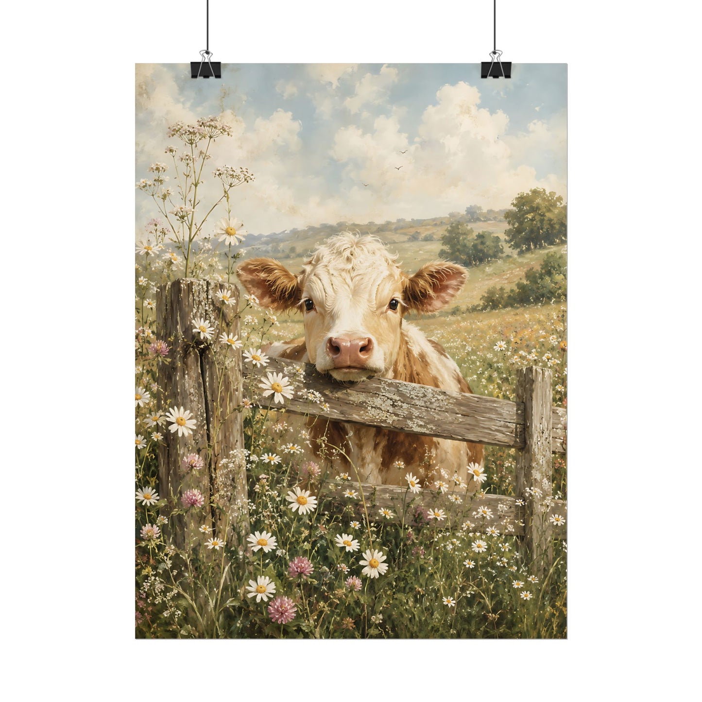 Cottagecore Wall Art, Vintage Cow in a Daisy Meadow, Watercolor Farmhouse Wall Art