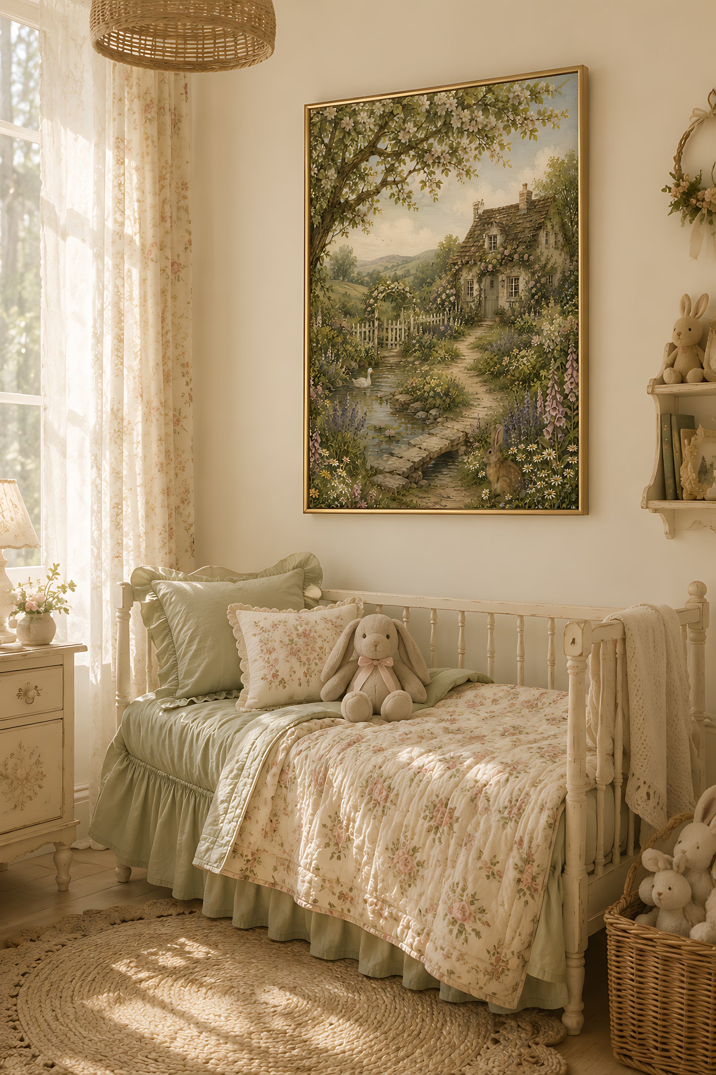 Cottagecore Wall Art, Vintage English Cottage Garden with Pond, Watercolor Countryside Wall Art