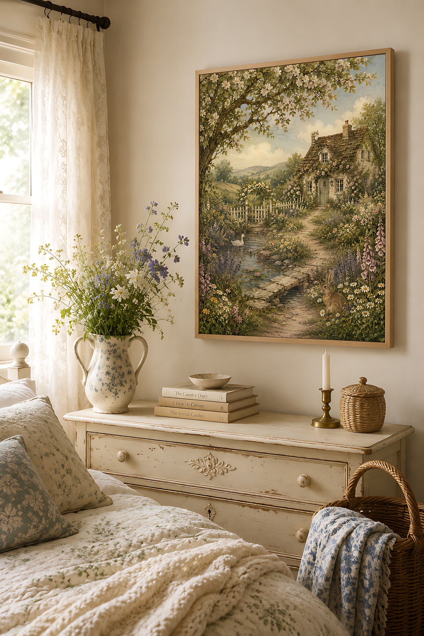 Cottagecore Wall Art, Vintage English Cottage Garden with Pond, Watercolor Countryside Wall Art