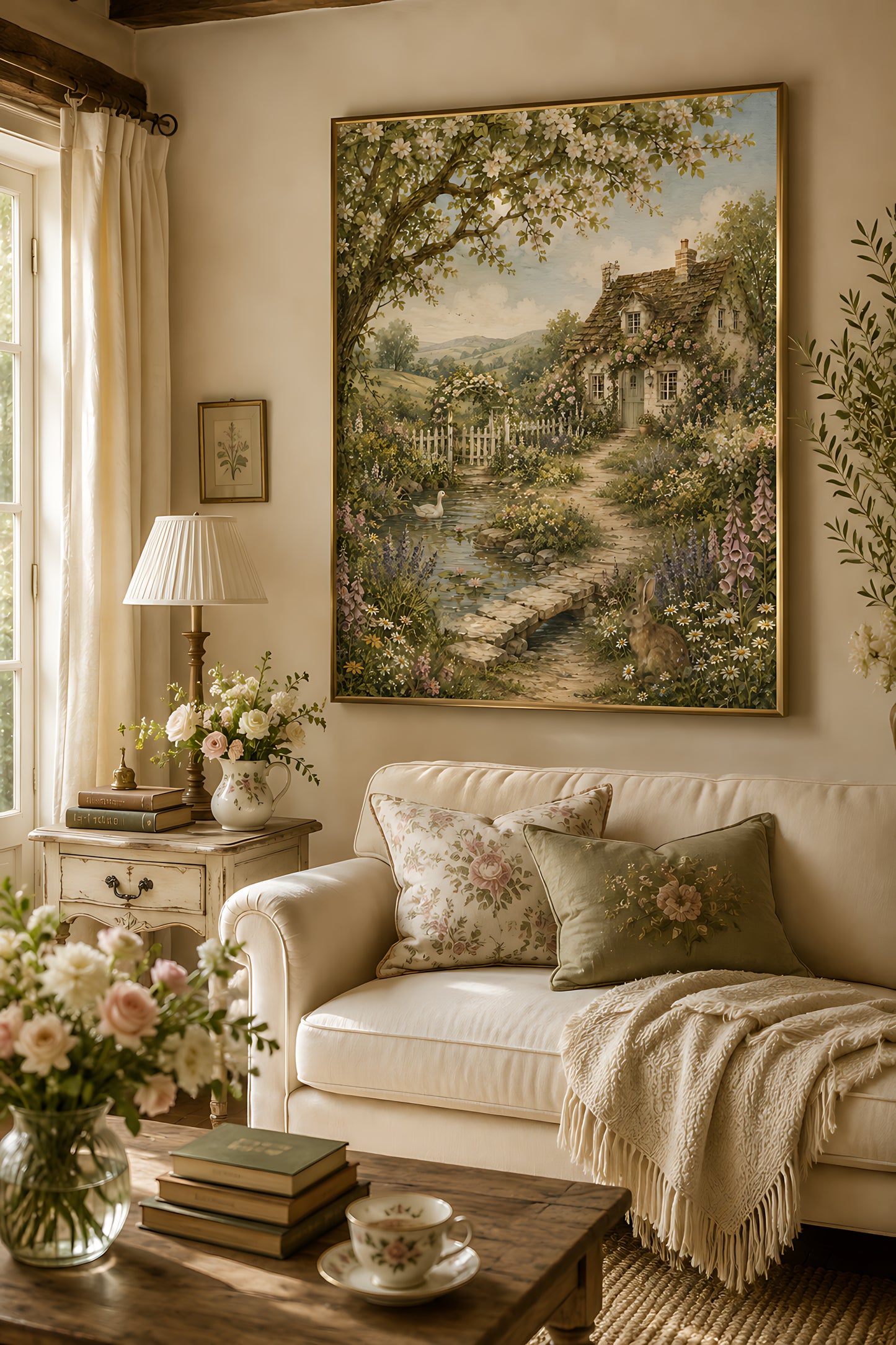 Cottagecore Wall Art, Vintage English Cottage Garden with Pond, Watercolor Countryside Wall Art