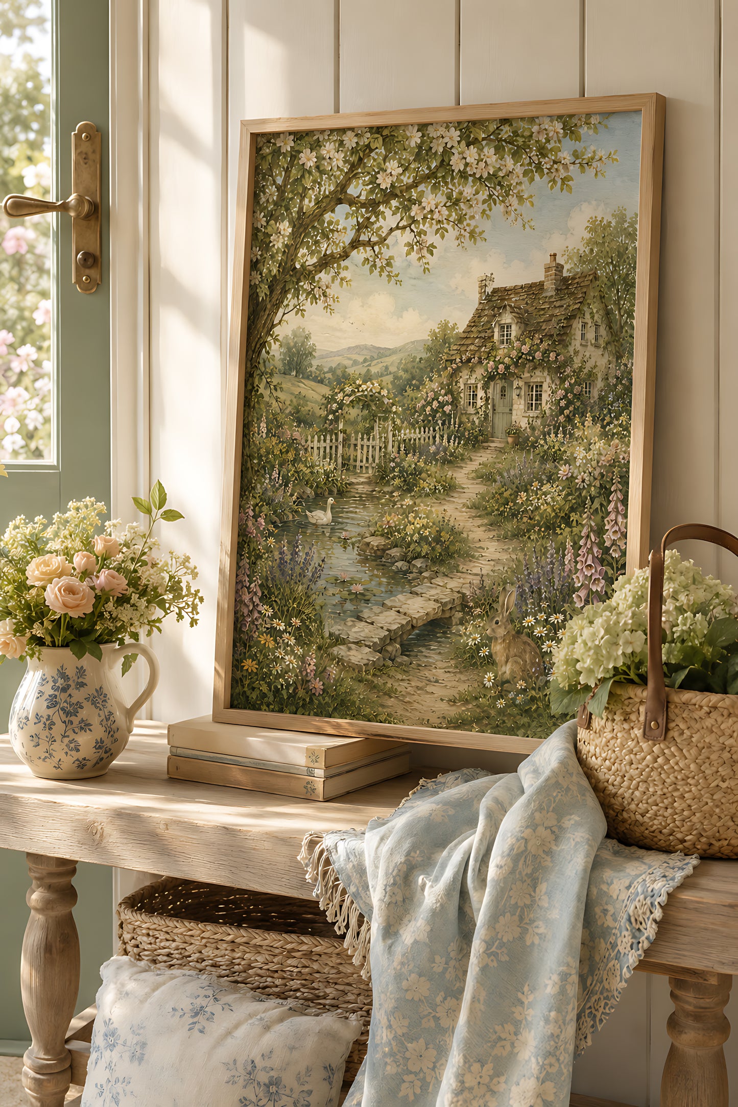 Cottagecore Wall Art, Vintage English Cottage Garden with Pond, Watercolor Countryside Wall Art