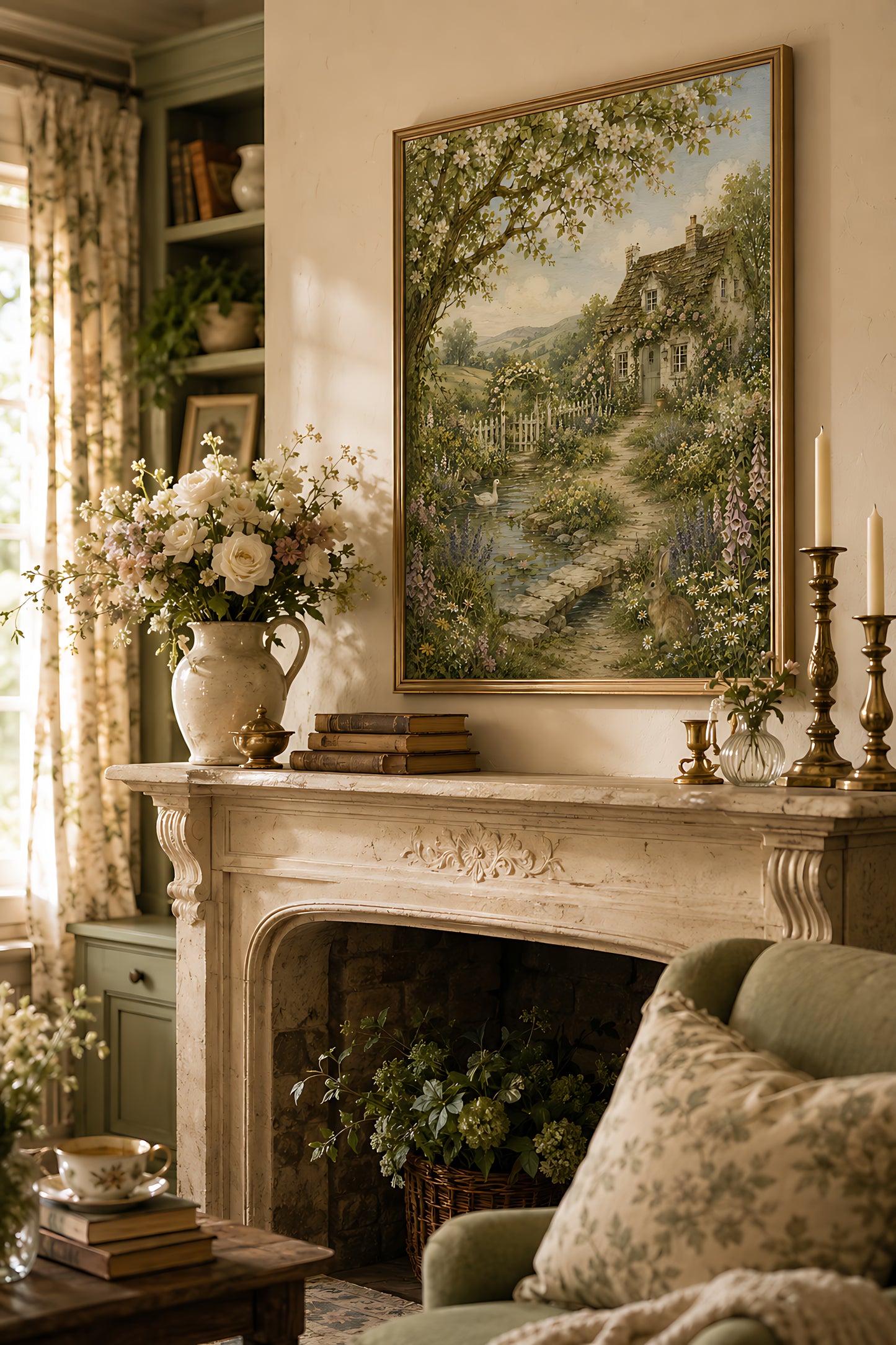 Cottagecore Wall Art, Vintage English Cottage Garden with Pond, Watercolor Countryside Wall Art
