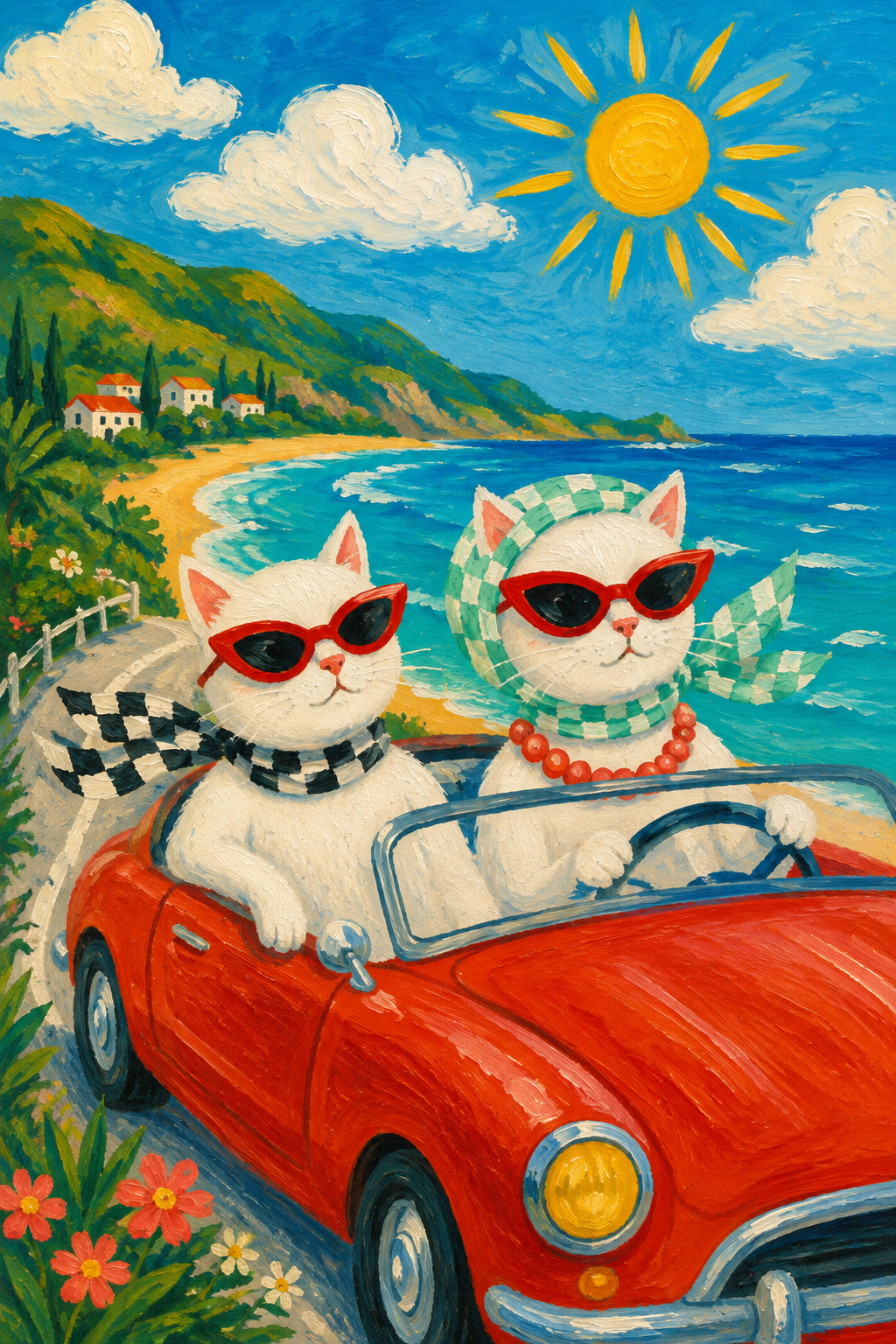 Stylish Cats in a Red Convertible — Mediterranean Animal Poster