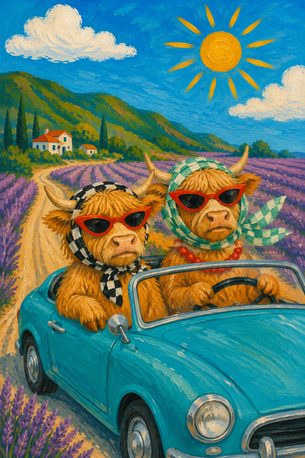 Highland Cows in a Blue Convertible — Lavender Field Poster