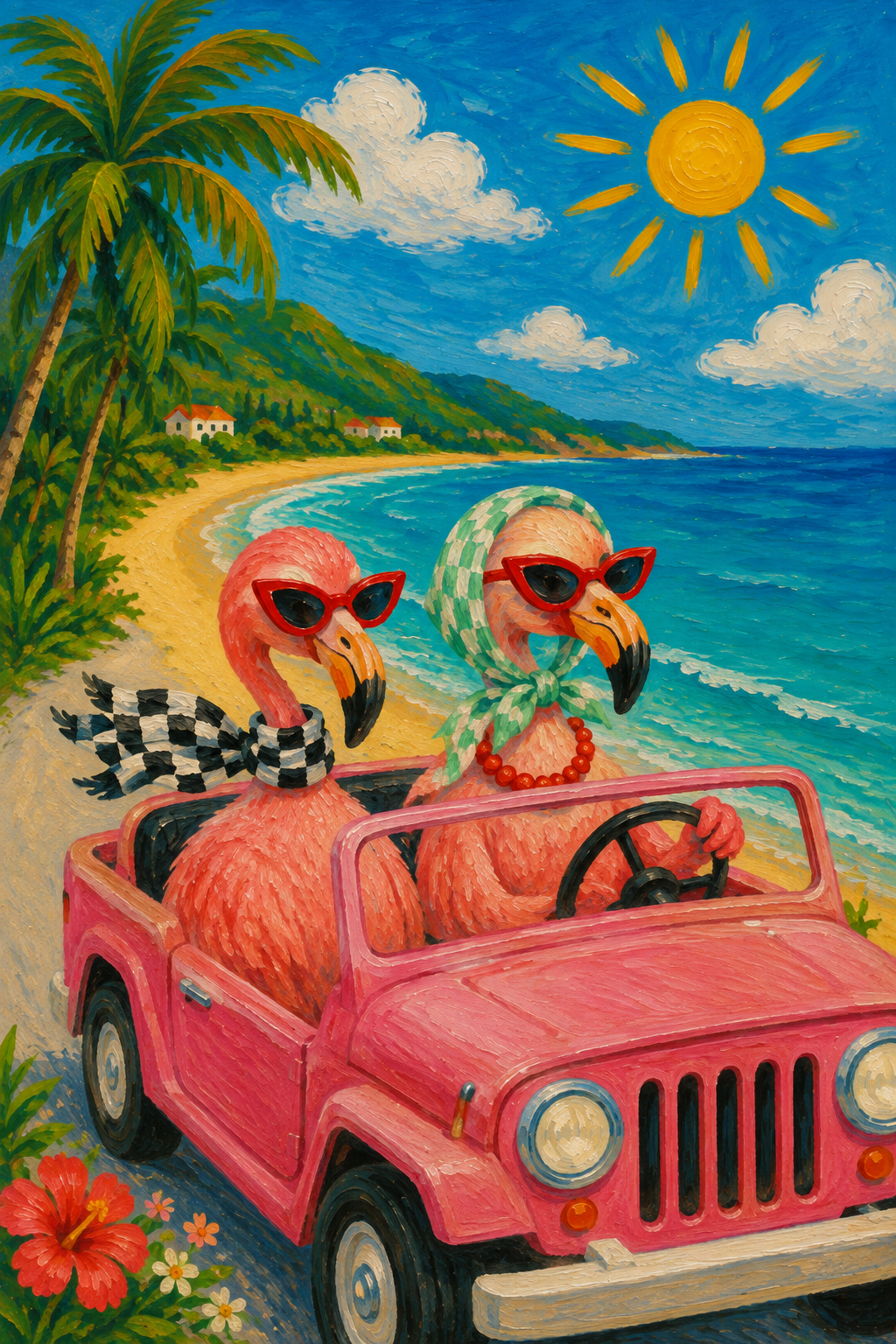 Flamingos in a Pink Jeep — Coastal Animal Travel Poster