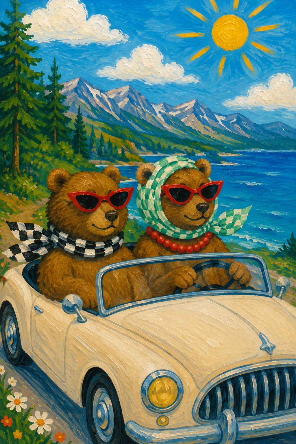 Bears in a Cream Convertible — Alpine Animal Travel Poster