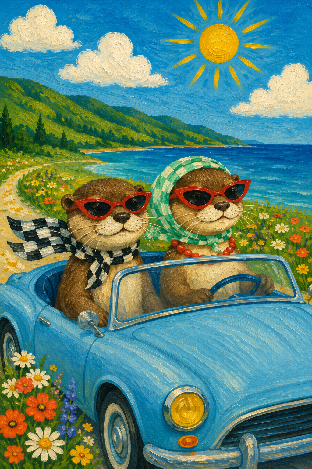 Otters on a Lakeside Road Trip — Whimsical Animal Poster