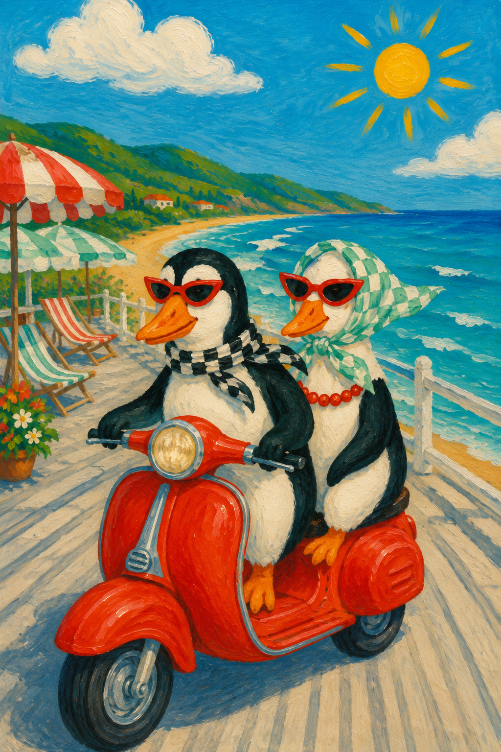 Penguins on a Red Scooter — Seaside Animal Travel Poster